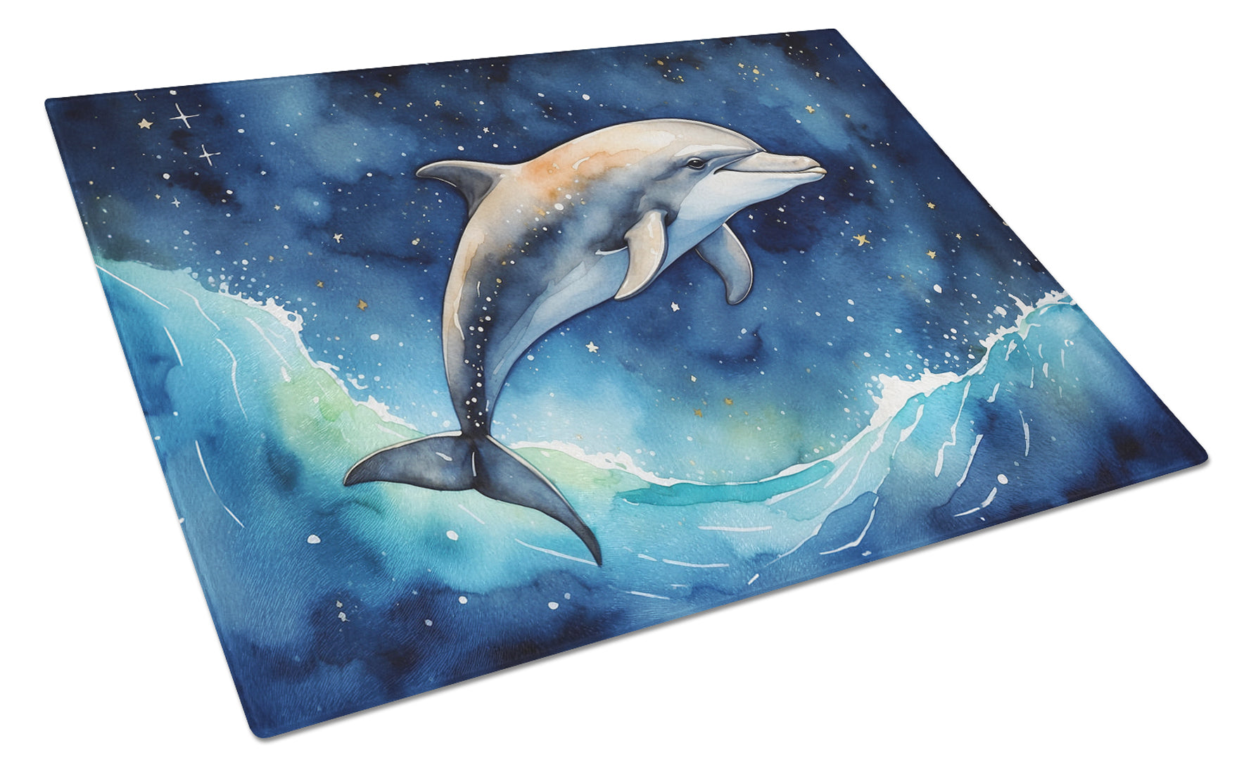Dolphin in a Starry Sea Cutting Board Tempered Glass Kitchen Cutting Surface, Heat Resistant Chopping, Non-Slip Feet, Food Prep & Serving