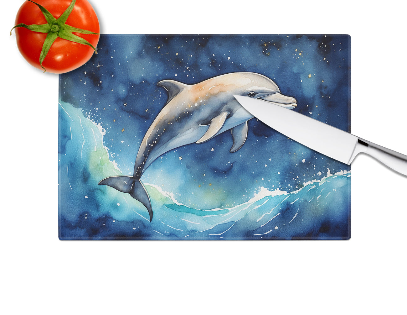 Dolphin in a Starry Sea Cutting Board Tempered Glass Kitchen Cutting Surface, Heat Resistant Chopping, Non-Slip Feet, Food Prep & Serving