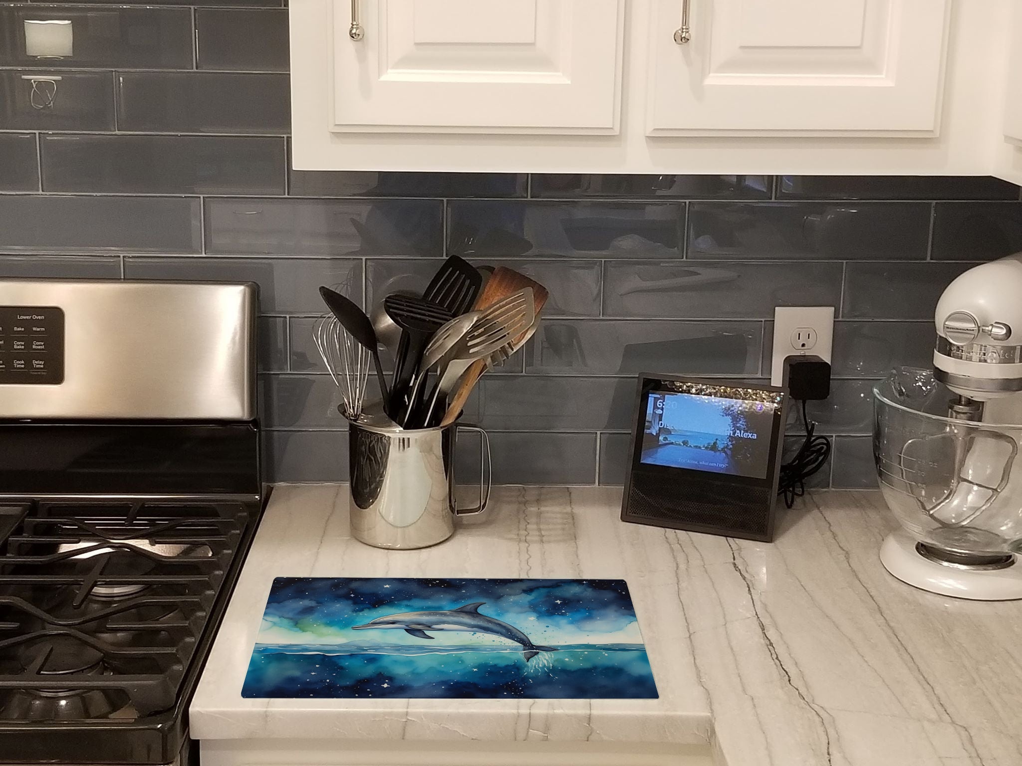 Dolphin in a Starry Sea Cutting Board Tempered Glass Kitchen Cutting Surface, Heat Resistant Chopping, Non-Slip Feet, Food Prep & Serving
