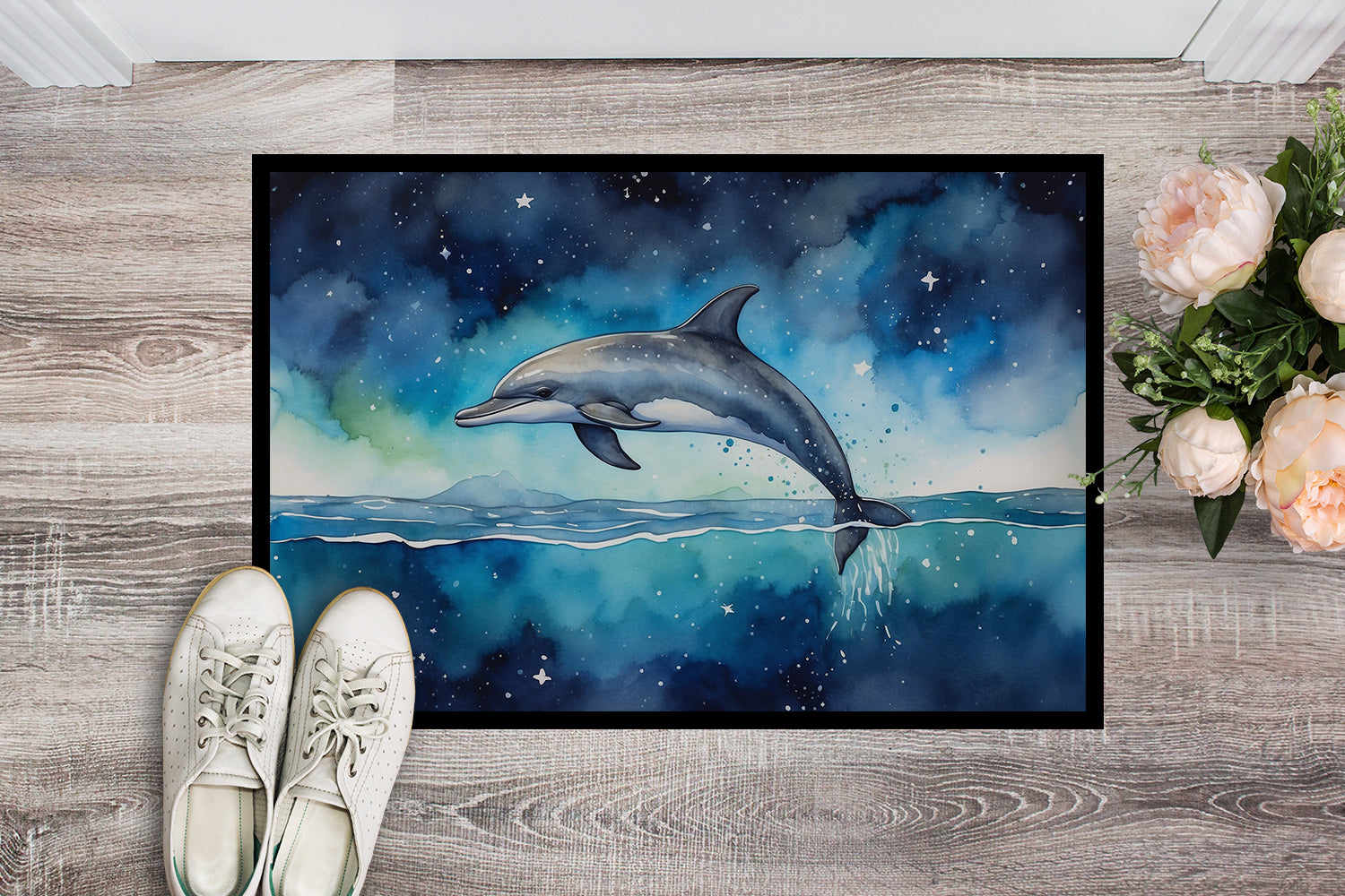 Dolphin in a Starry Sea Doormat Indoor Outdoor 18H X 27W Front Door Mat Rugs for Entryway, Non Slip Washable
