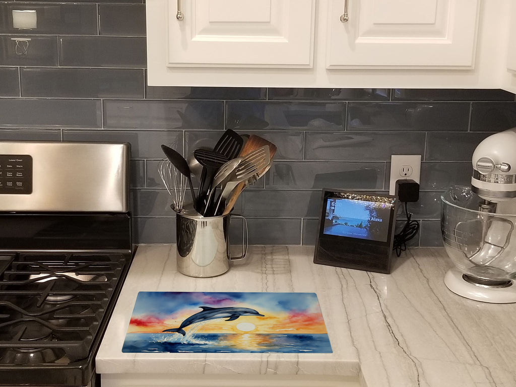 Dolphin Leaping at Sunrise Cutting Board Tempered Glass Kitchen Cutting Surface, Heat Resistant Chopping, Non-Slip Feet, Food Prep & Serving