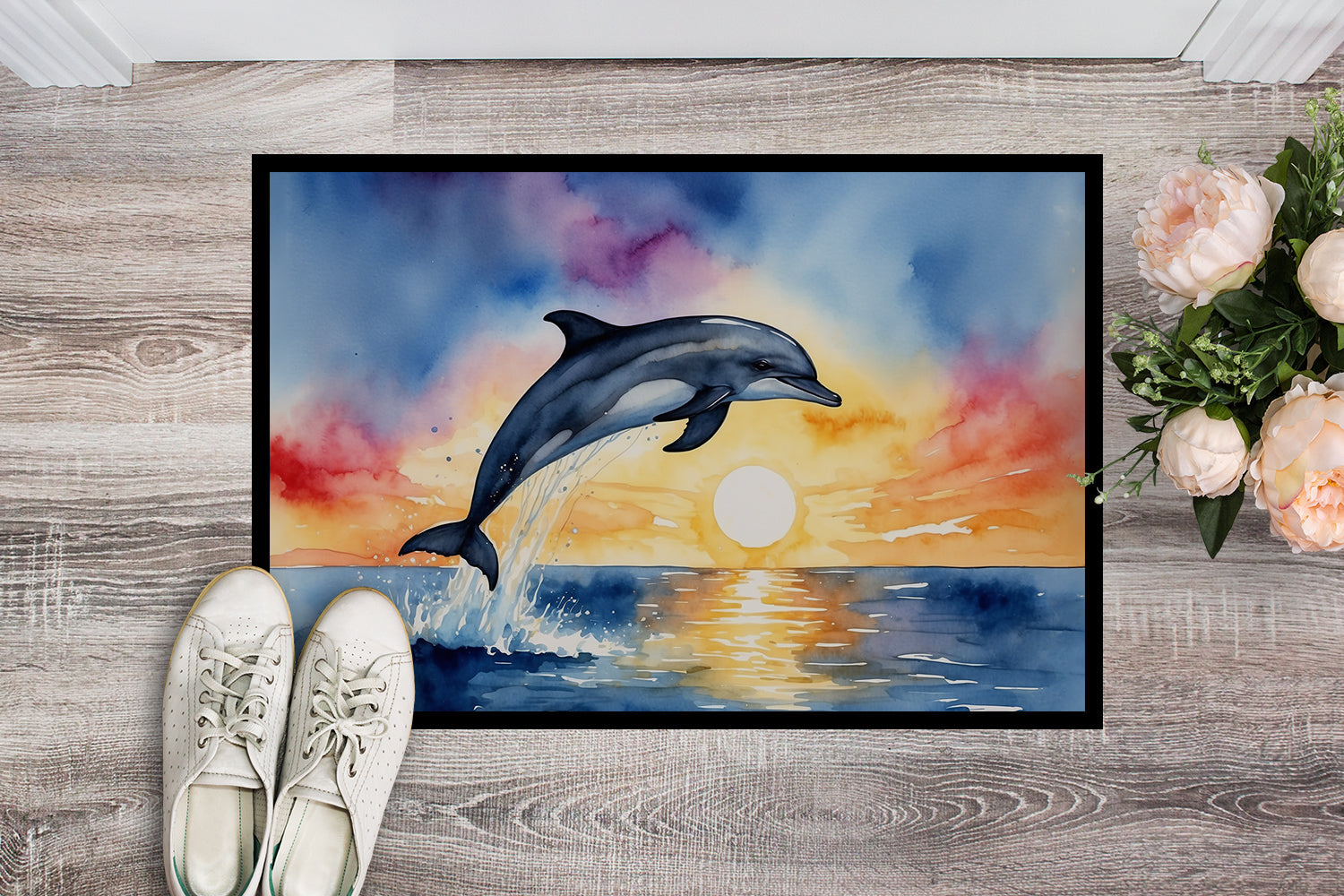 Dolphin Leaping at Sunrise Doormat Indoor Outdoor 18H X 27W Front Door Mat Rugs for Entryway, Non Slip Washable