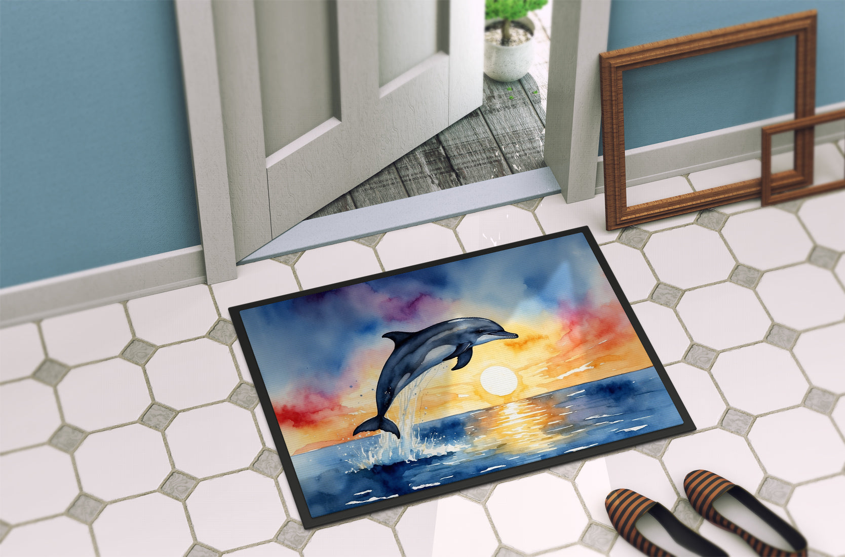 Dolphin Leaping at Sunrise Doormat Indoor Outdoor 18H X 27W Front Door Mat Rugs for Entryway, Non Slip Washable