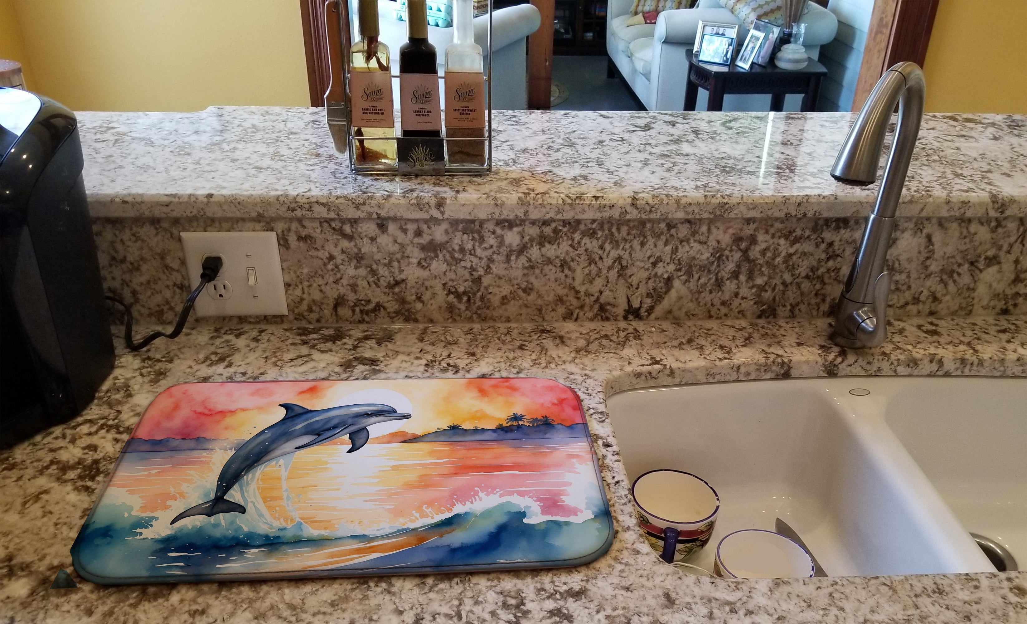 Dolphin Leaping at Sunrise Dish Drying Mat Absorbent Dish Drying Mat Pad for Kitchen Counter Dish Drainer Mat for Countertop, 14 x 21", Multicolor