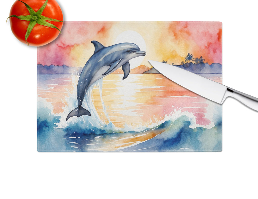 Dolphin Leaping at Sunrise Cutting Board Tempered Glass Kitchen Cutting Surface, Heat Resistant Chopping, Non-Slip Feet, Food Prep & Serving