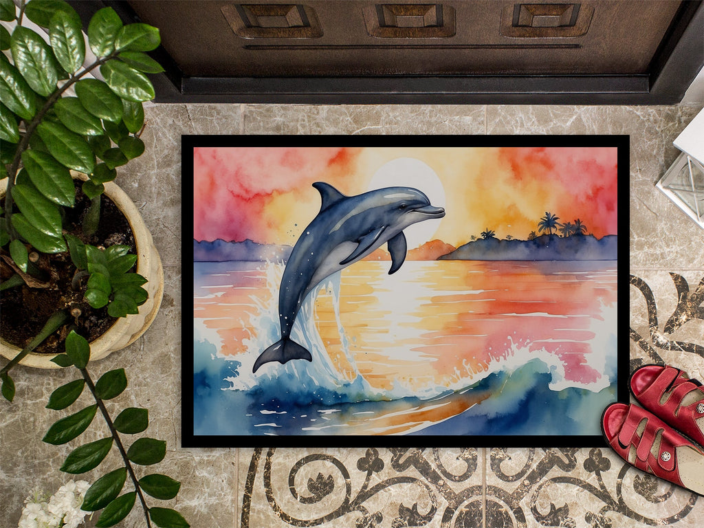 Dolphin Leaping at Sunrise Doormat Indoor Outdoor 18H X 27W Front Door Mat Rugs for Entryway, Non Slip Washable