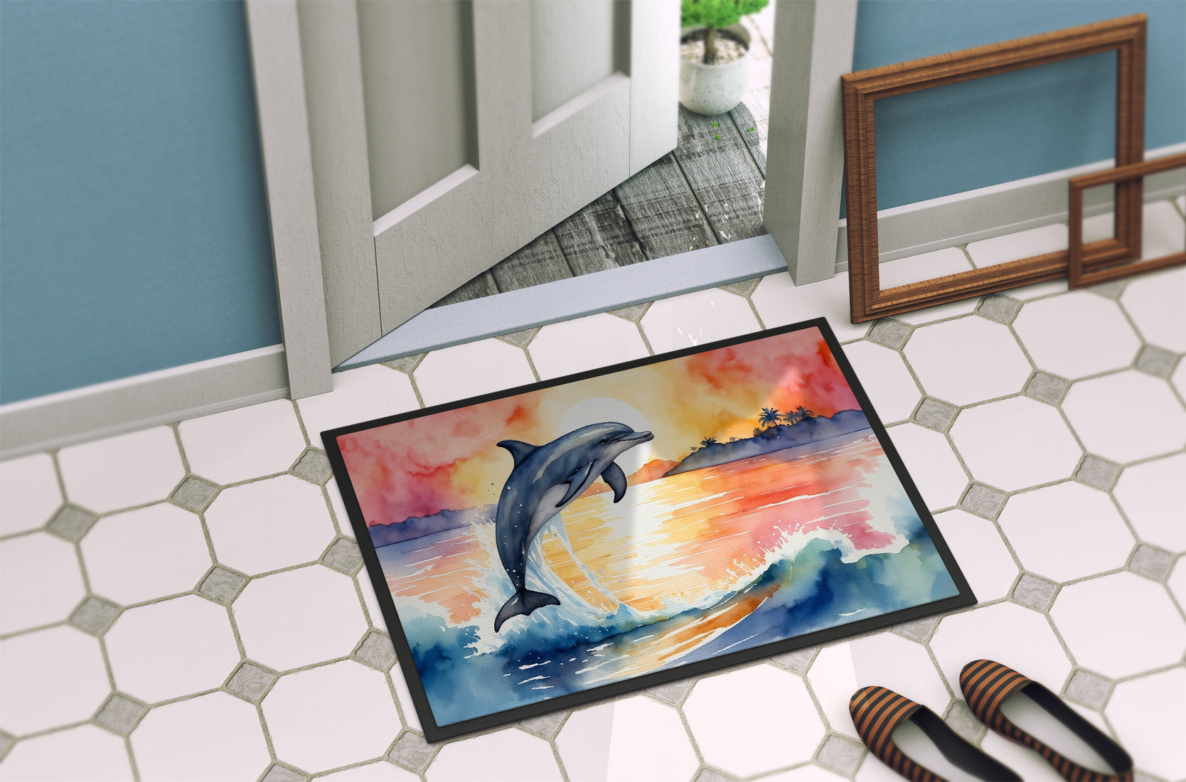 Dolphin Leaping at Sunrise Doormat Indoor Outdoor 18H X 27W Front Door Mat Rugs for Entryway, Non Slip Washable