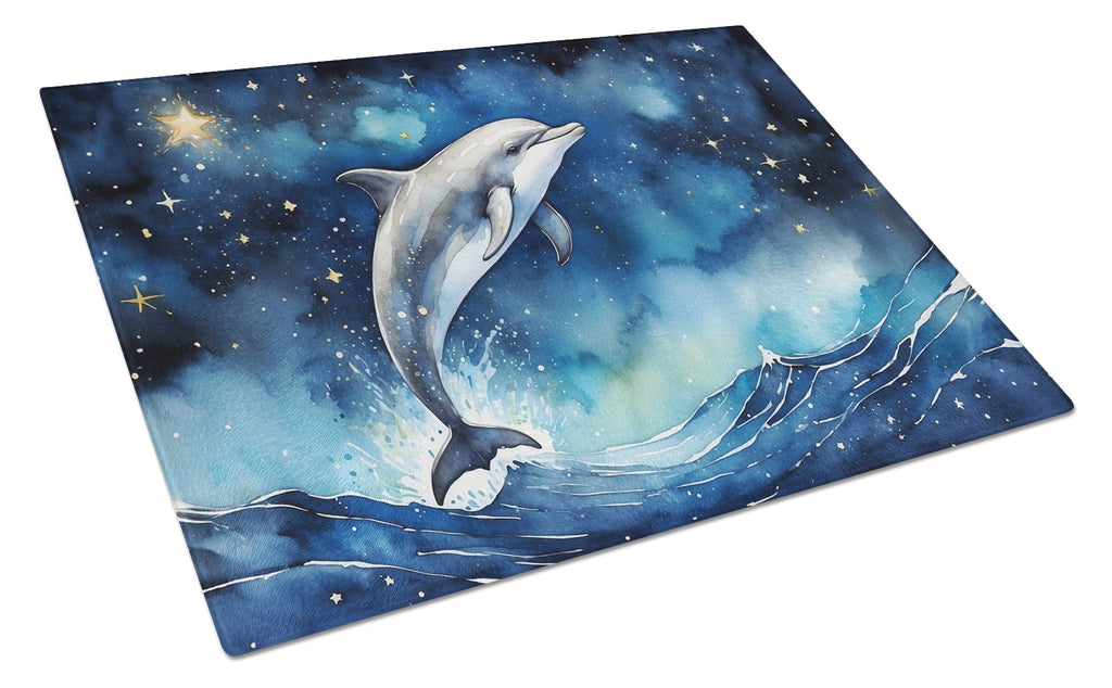 Dolphin in a Starry Sea Cutting Board Tempered Glass Kitchen Cutting Surface, Heat Resistant Chopping, Non-Slip Feet, Food Prep & Serving
