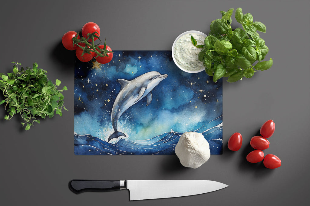 Dolphin in a Starry Sea Cutting Board Tempered Glass Kitchen Cutting Surface, Heat Resistant Chopping, Non-Slip Feet, Food Prep & Serving