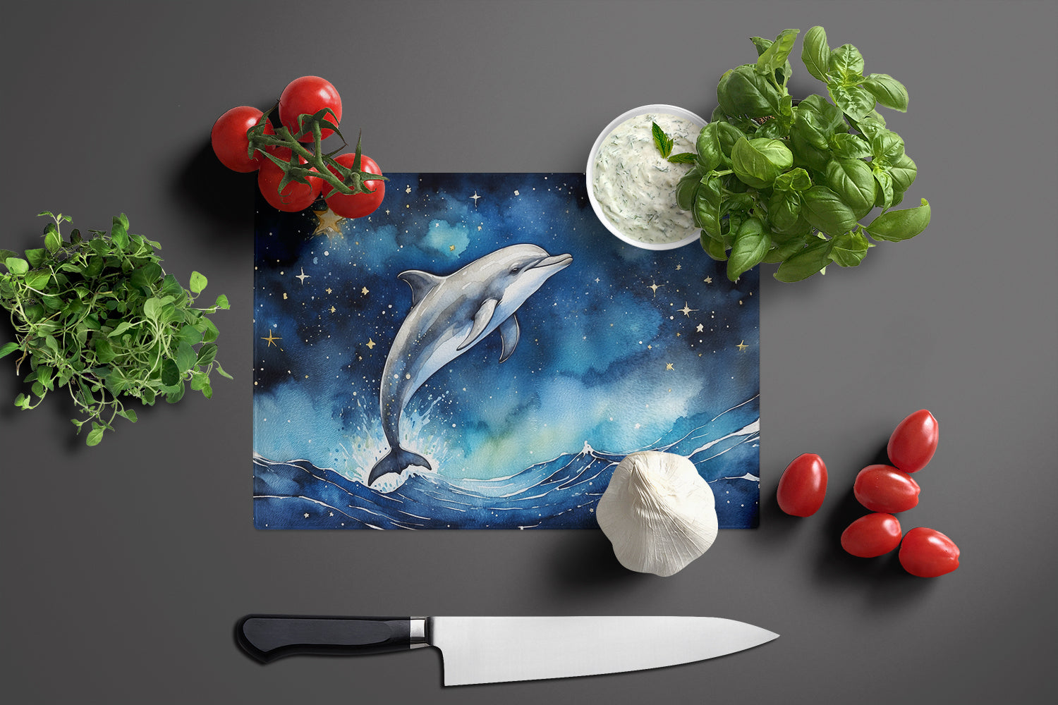 Dolphin in a Starry Sea Cutting Board Tempered Glass Kitchen Cutting Surface, Heat Resistant Chopping, Non-Slip Feet, Food Prep & Serving