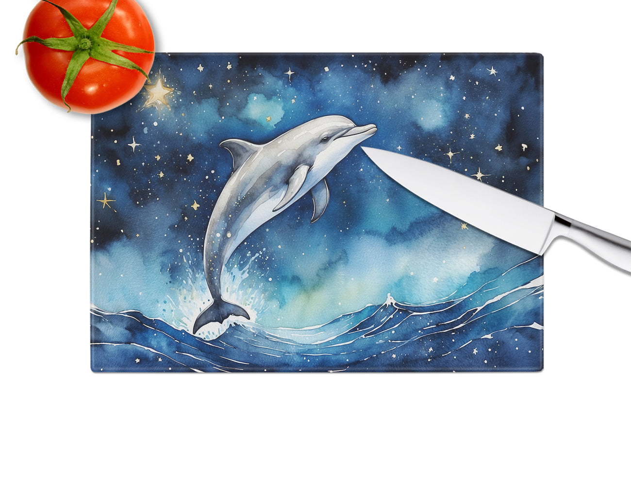 Dolphin in a Starry Sea Cutting Board Tempered Glass Kitchen Cutting Surface, Heat Resistant Chopping, Non-Slip Feet, Food Prep & Serving
