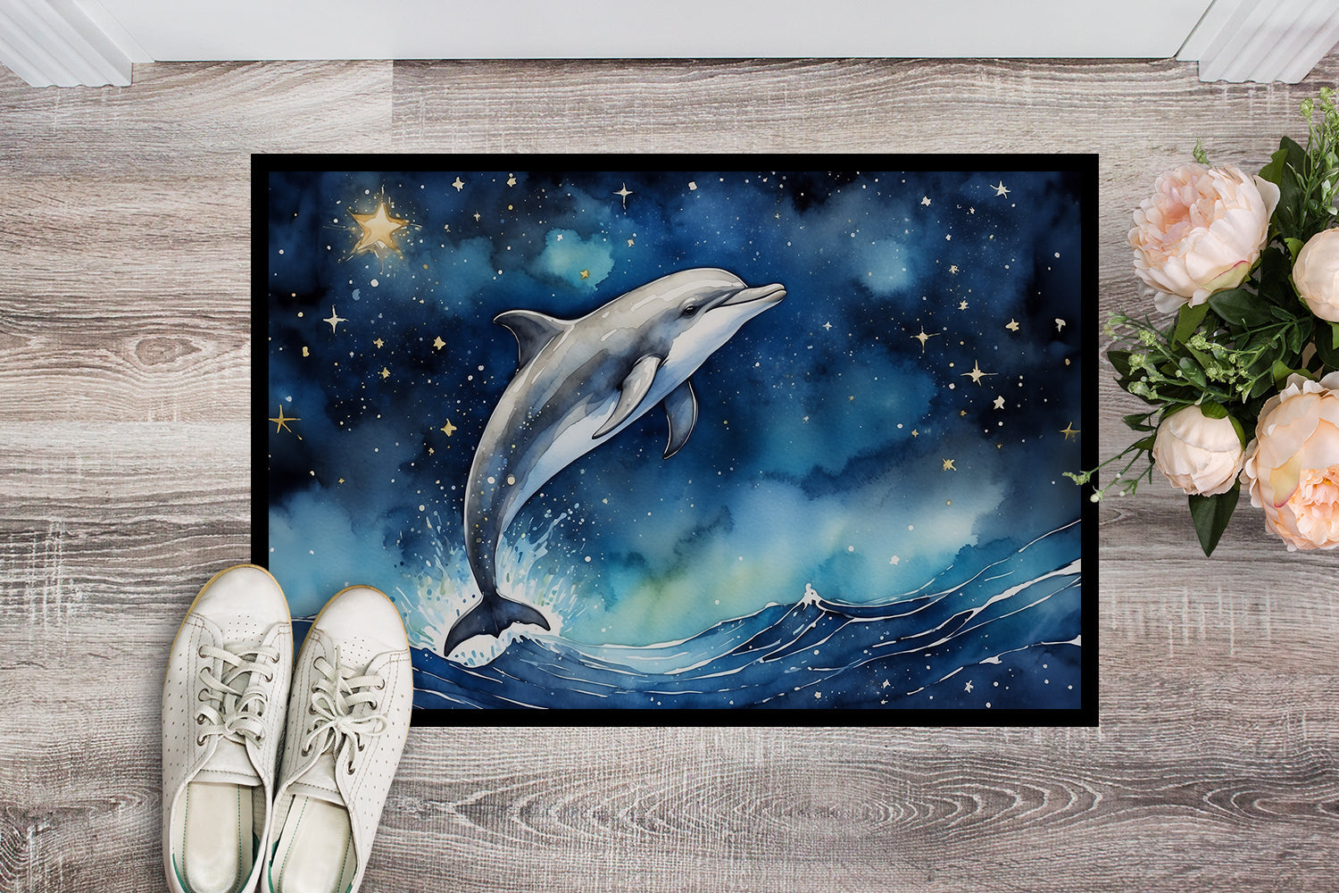 Dolphin in a Starry Sea Doormat Indoor Outdoor 18H X 27W Front Door Mat Rugs for Entryway, Non Slip Washable