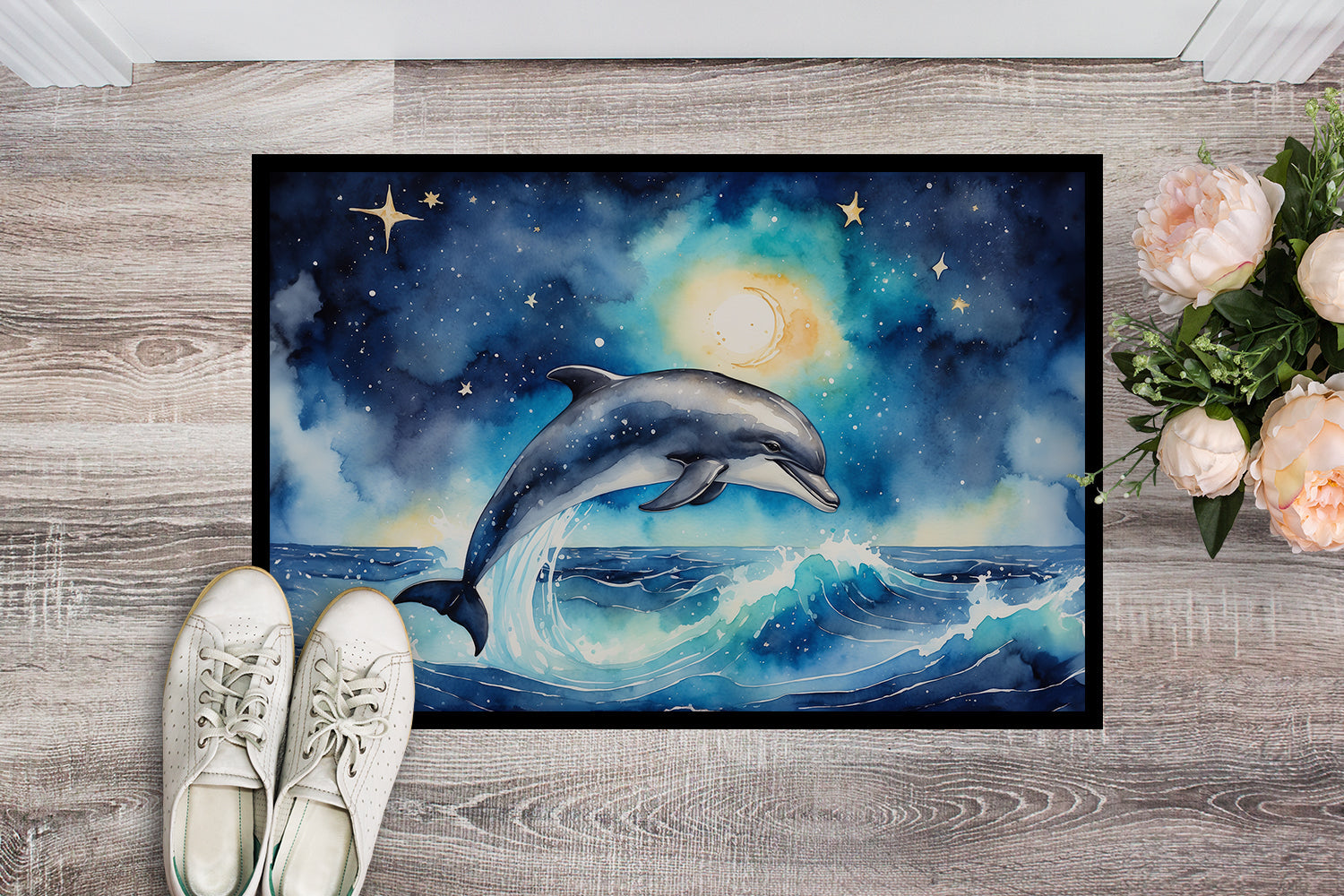 Dolphin in a Starry Sea Doormat Indoor Outdoor 24H X 36W Front Door Mat Rugs for Entryway, Non Slip Washable Low Pile,