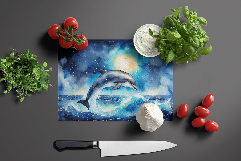 Dolphin in a Starry Sea Cutting Board Tempered Glass Kitchen Cutting Surface, Heat Resistant Chopping, Non-Slip Feet, Food Prep & Serving