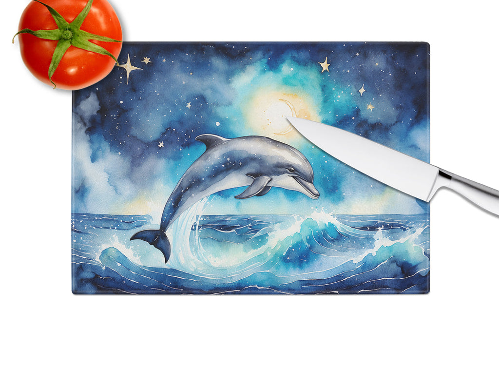 Dolphin in a Starry Sea Cutting Board Tempered Glass Kitchen Cutting Surface, Heat Resistant Chopping, Non-Slip Feet, Food Prep & Serving