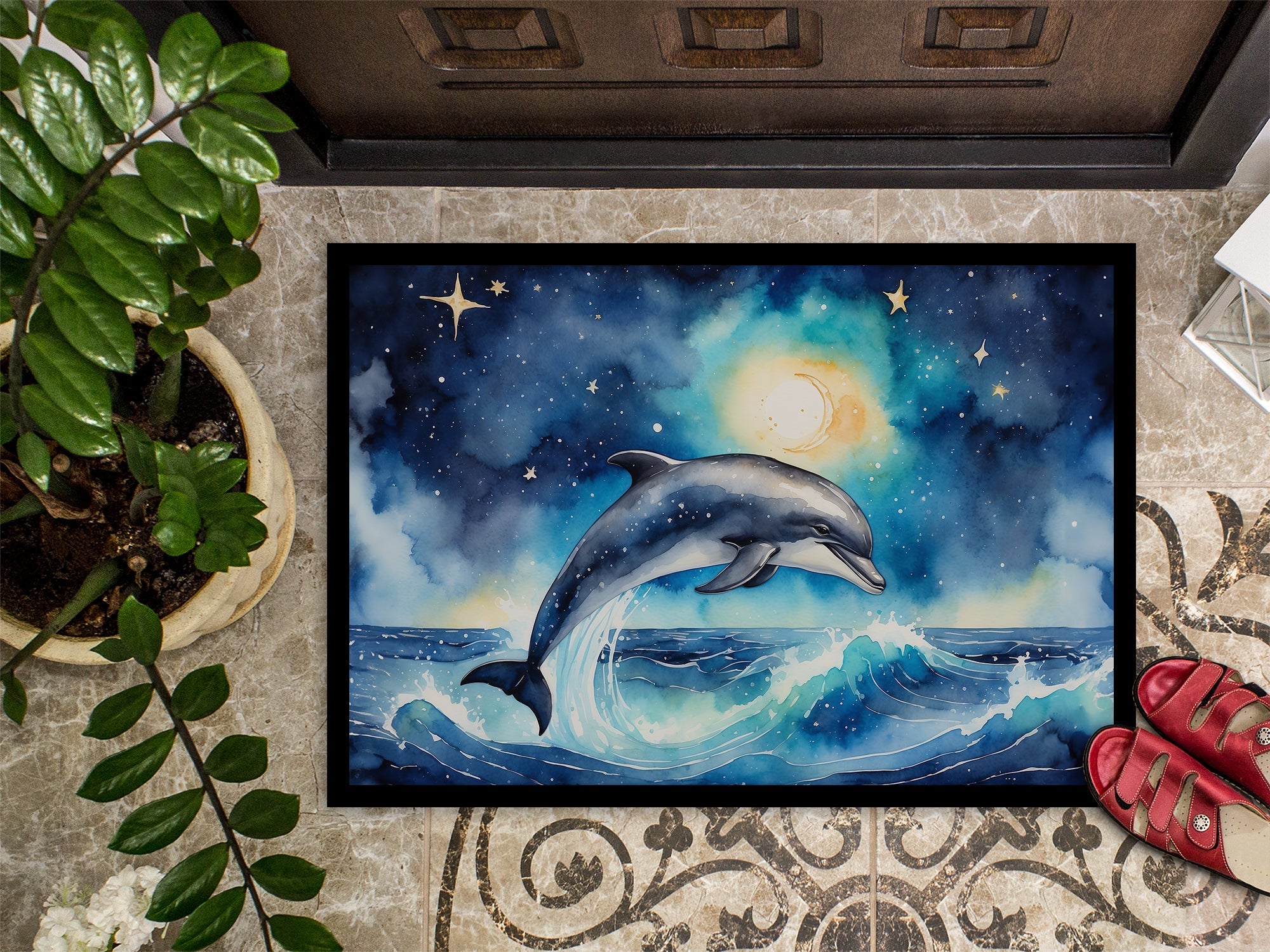 Dolphin in a Starry Sea Doormat Indoor Outdoor 18H X 27W Front Door Mat Rugs for Entryway, Non Slip Washable