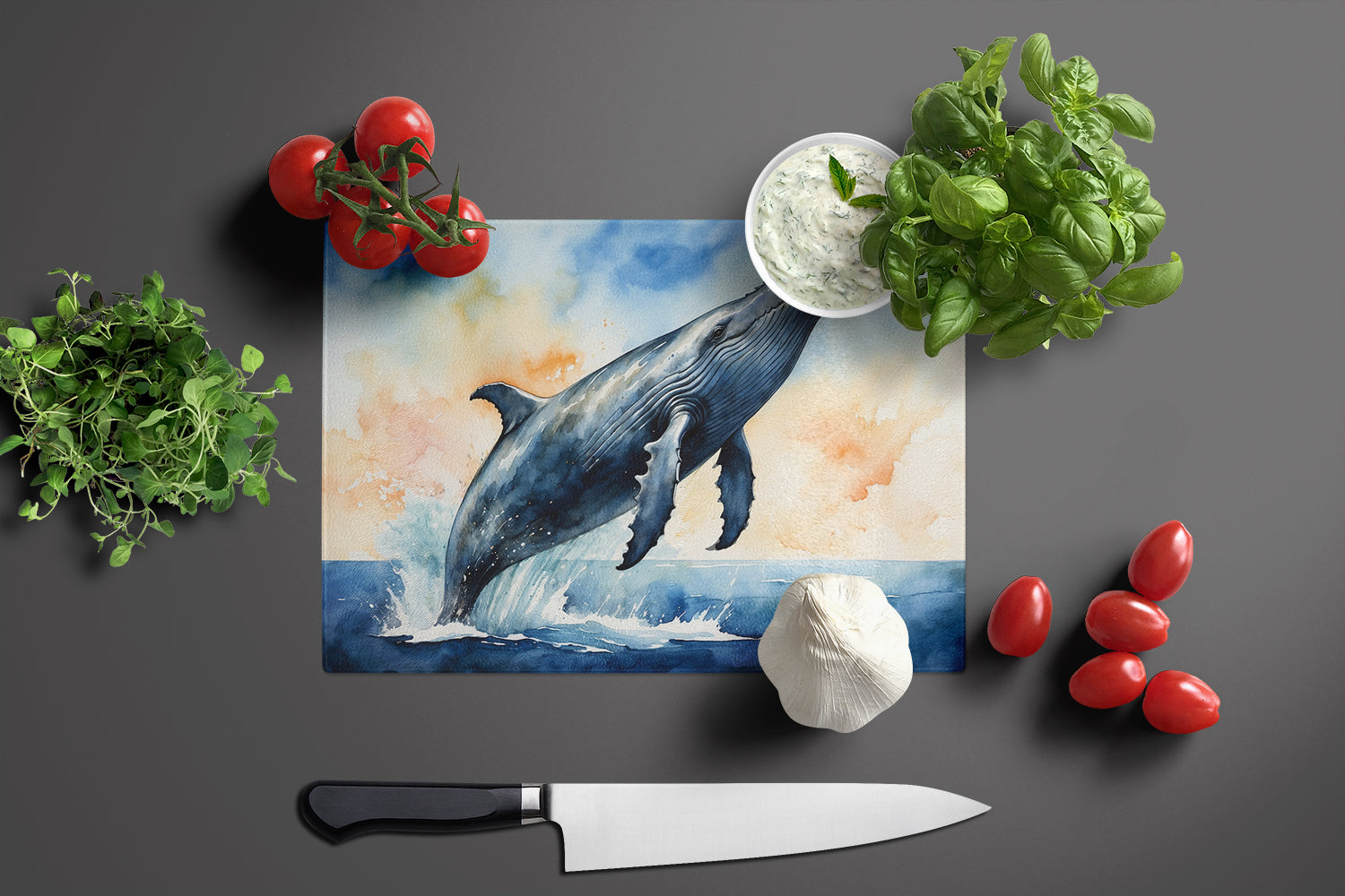 Humpback Whale Breaching Cutting Board Tempered Glass Kitchen Cutting Surface, Heat Resistant Chopping, Non-Slip Feet, Food Prep & Serving