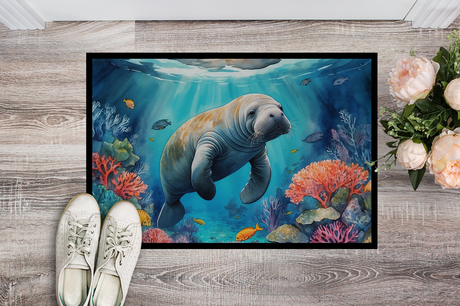 Manatee and Coral Reefs Doormat Indoor Outdoor 18H X 27W Front Door Mat Rugs for Entryway, Non Slip Washable