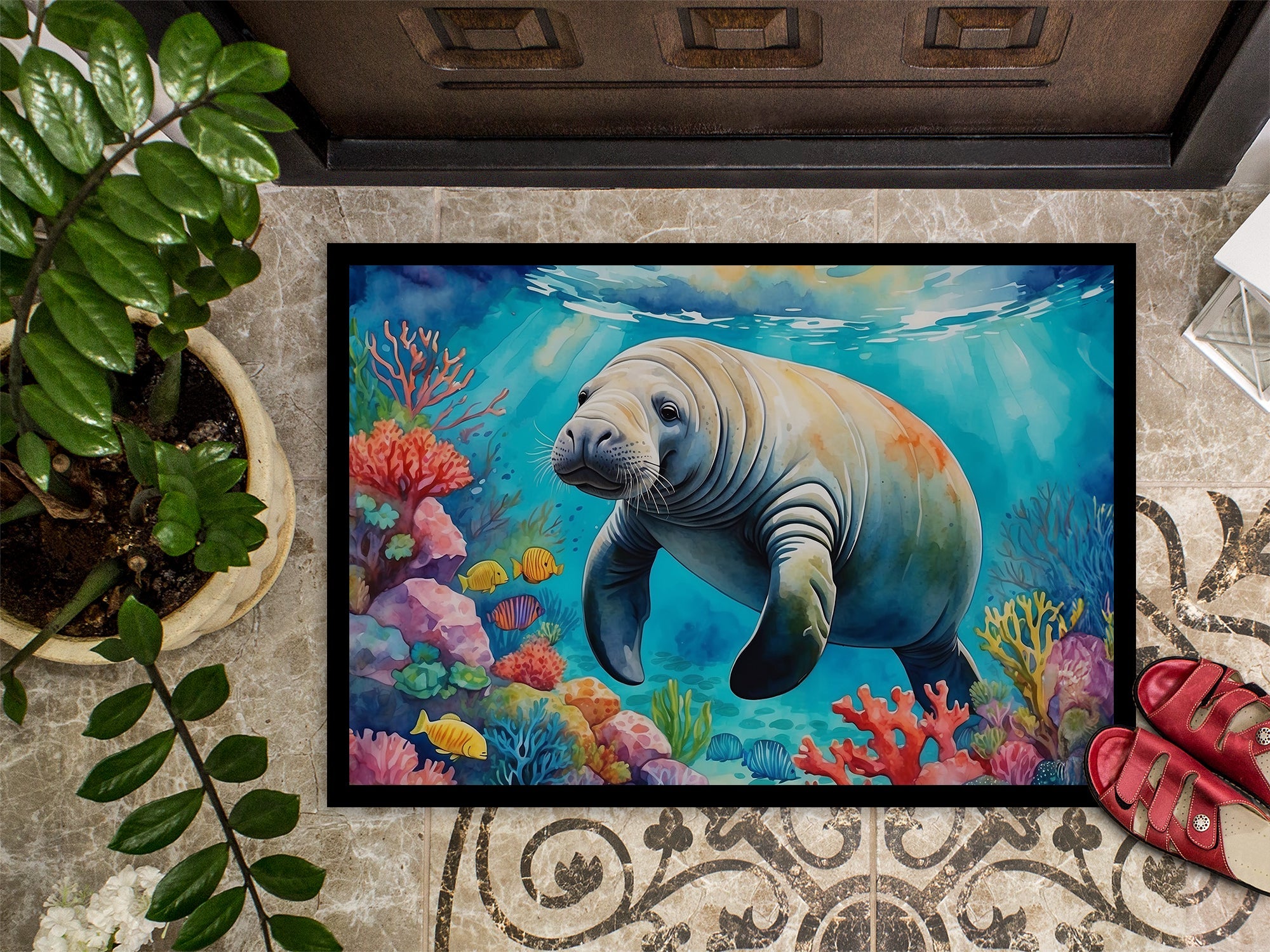 Manatee and Coral Reefs Doormat Indoor Outdoor 24H X 36W Front Door Mat Rugs for Entryway, Non Slip Washable Low Pile,