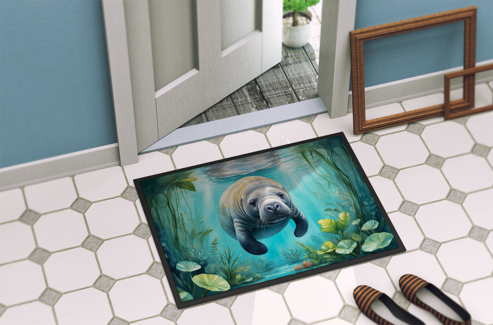 Manatee in a Crystal-Clear Spring Doormat Indoor Outdoor 24H X 36W Front Door Mat Rugs for Entryway, Non Slip Washable Low Pile,