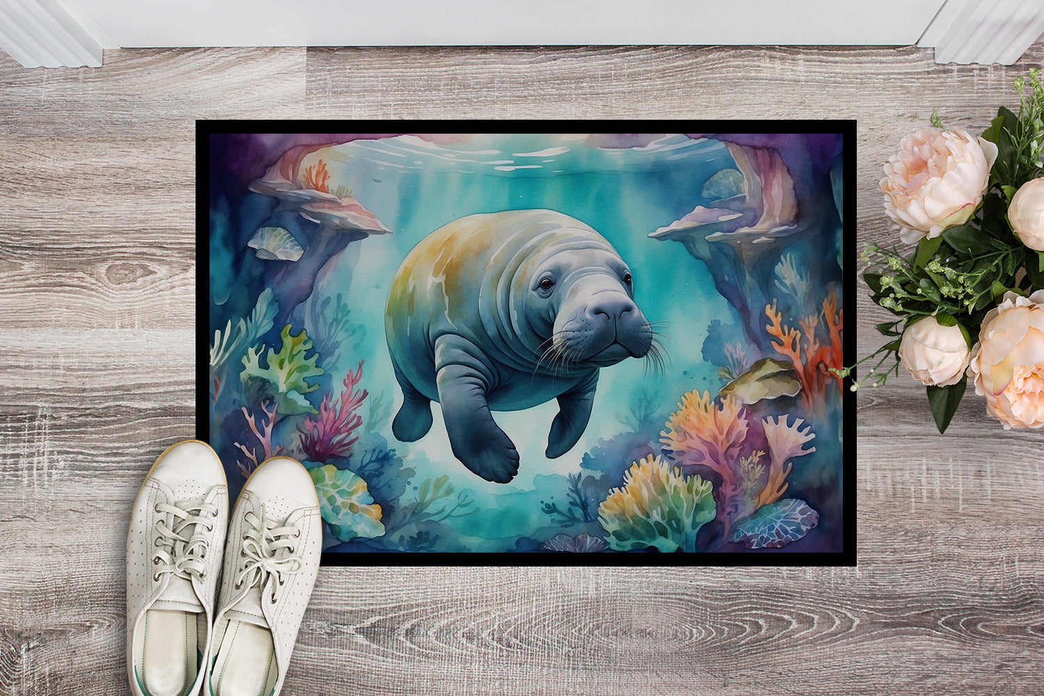 Manatee in a Dreamscape Doormat Indoor Outdoor 24H X 36W Front Door Mat Rugs for Entryway, Non Slip Washable Low Pile,