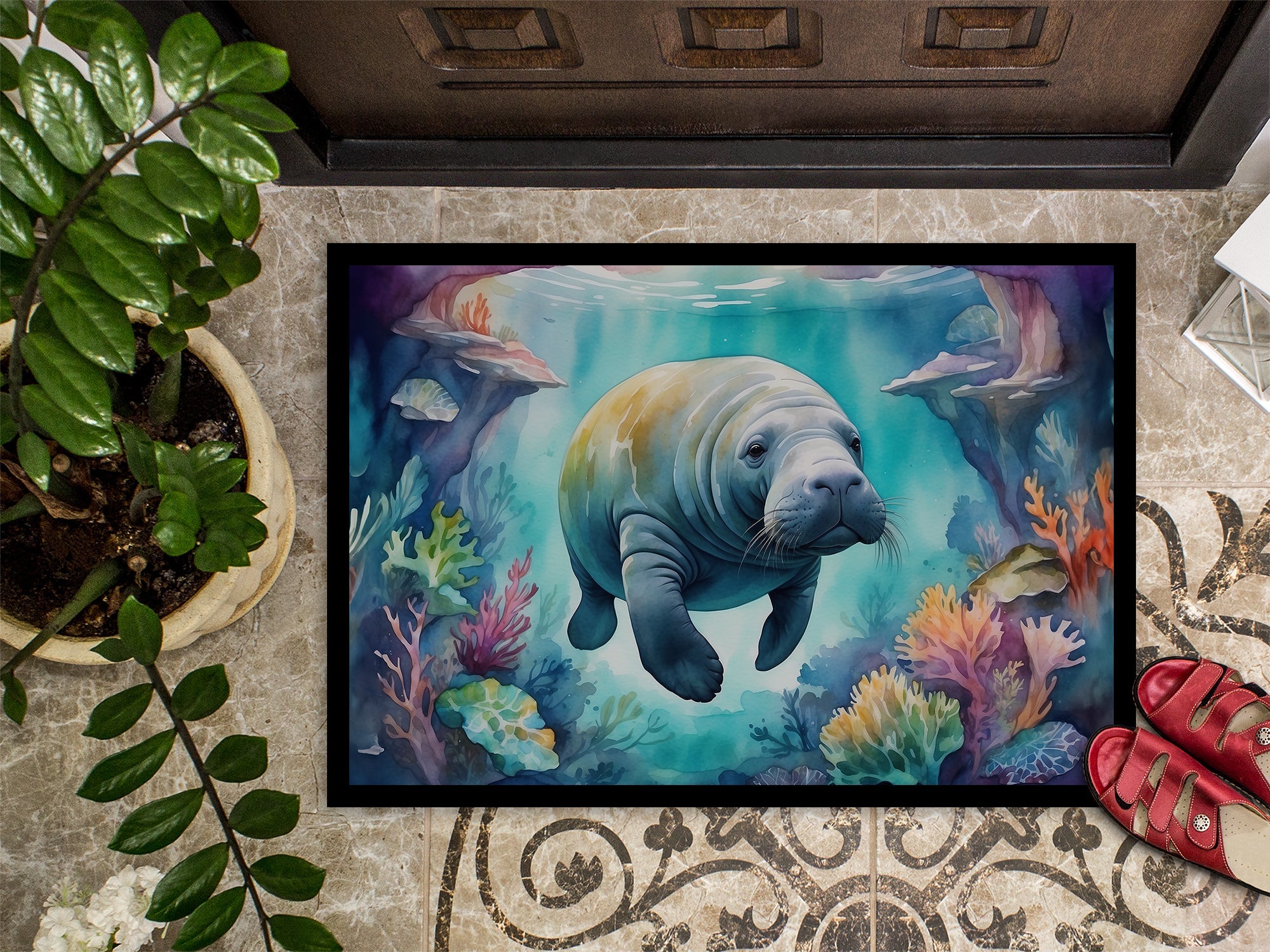 Manatee in a Dreamscape Doormat Indoor Outdoor 24H X 36W Front Door Mat Rugs for Entryway, Non Slip Washable Low Pile,