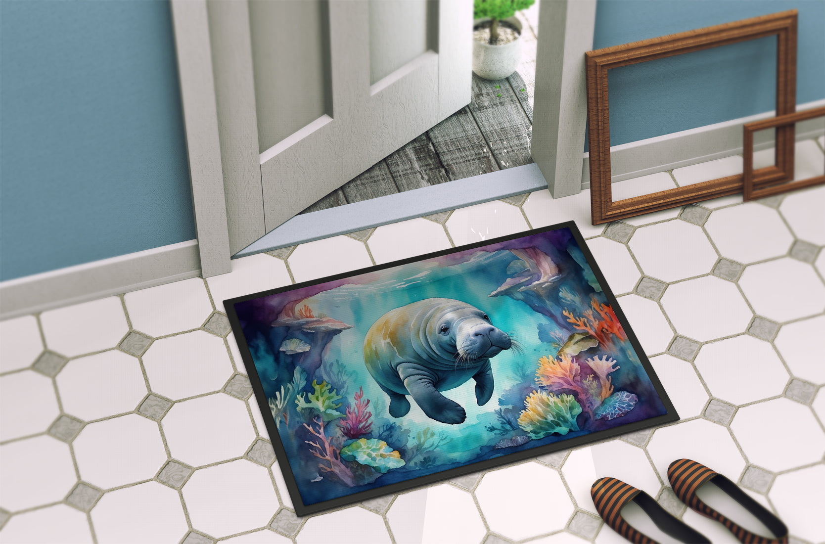 Manatee in a Dreamscape Doormat Indoor Outdoor 18H X 27W Front Door Mat Rugs for Entryway, Non Slip Washable
