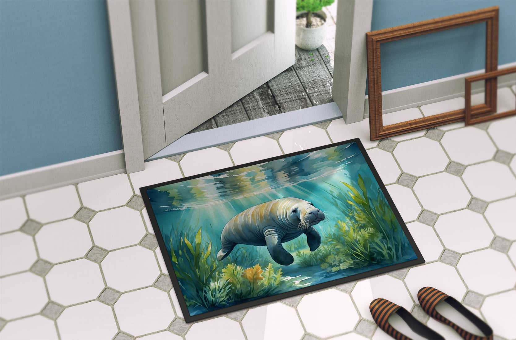Manatee in a Seagrass Bed Doormat Indoor Outdoor 24H X 36W Front Door Mat Rugs for Entryway, Non Slip Washable Low Pile,