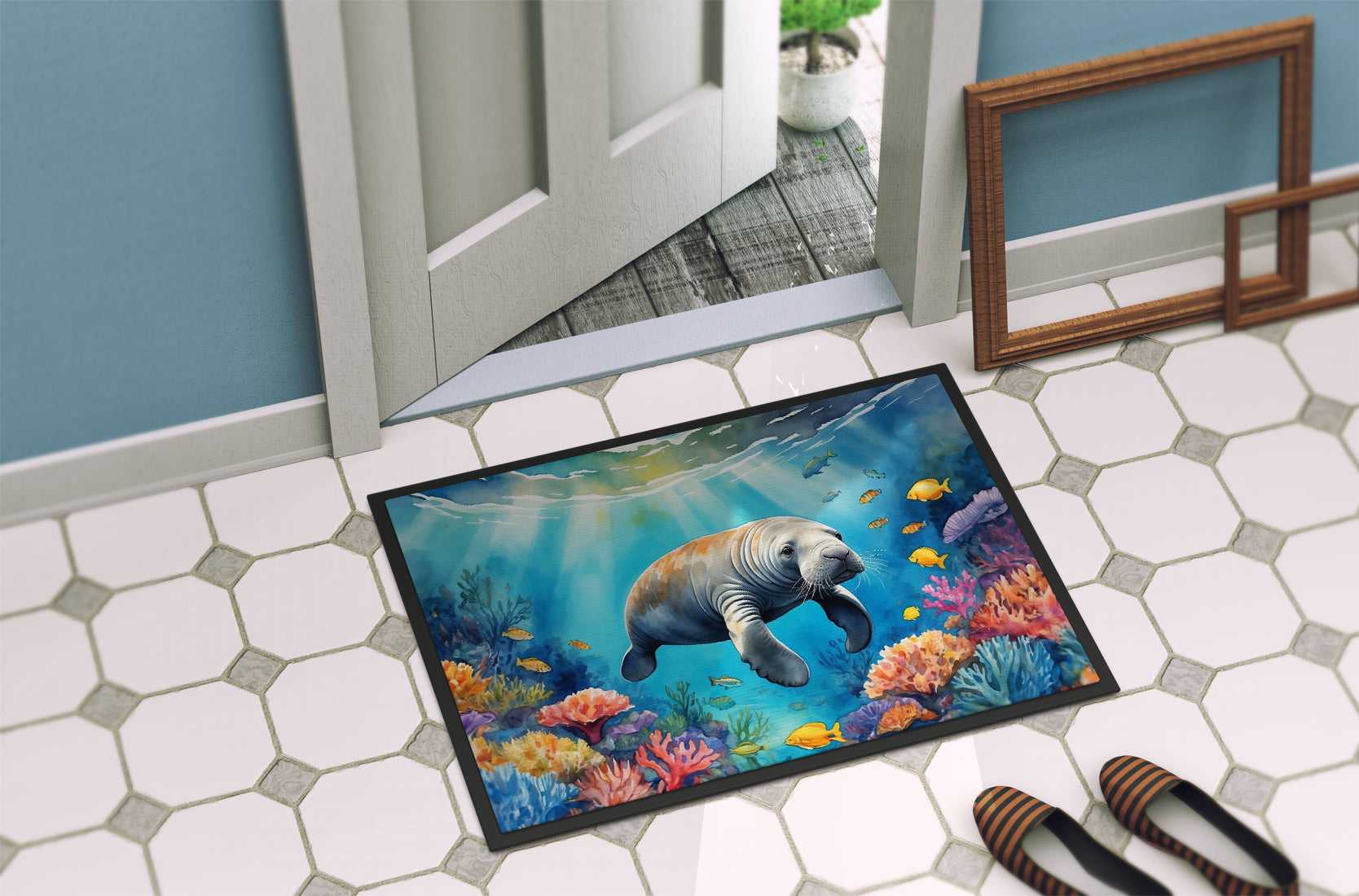 Summer Manatee Doormat Indoor Outdoor 18H X 27W Front Door Mat Rugs for Entryway, Non Slip Washable