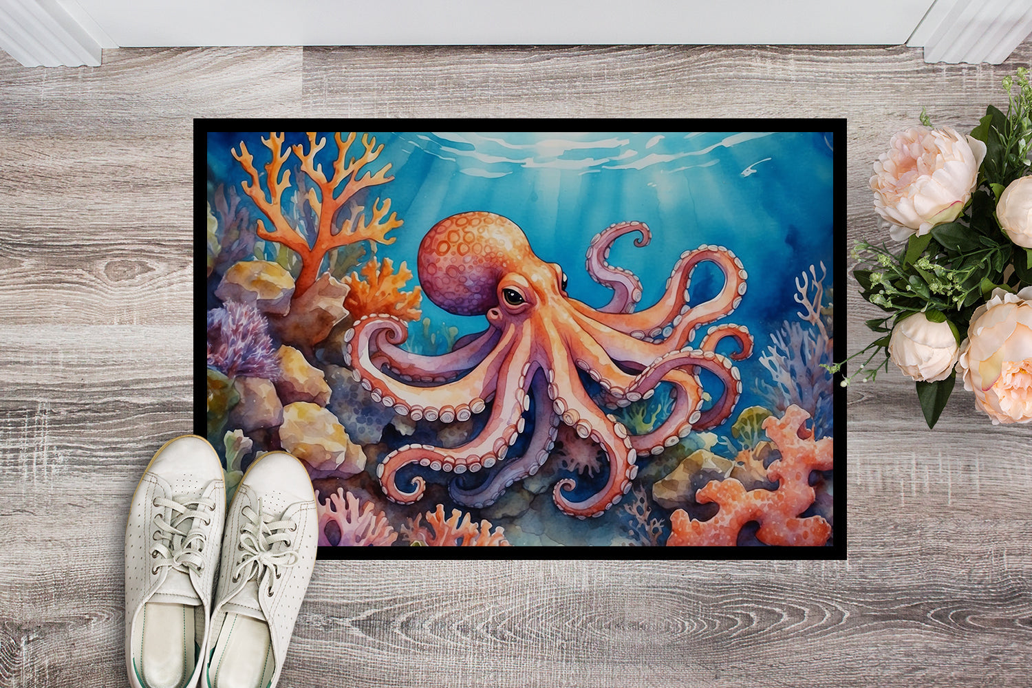 Octopus Among Coral Doormat Indoor Outdoor 24H X 36W Front Door Mat Rugs for Entryway, Non Slip Washable Low Pile,