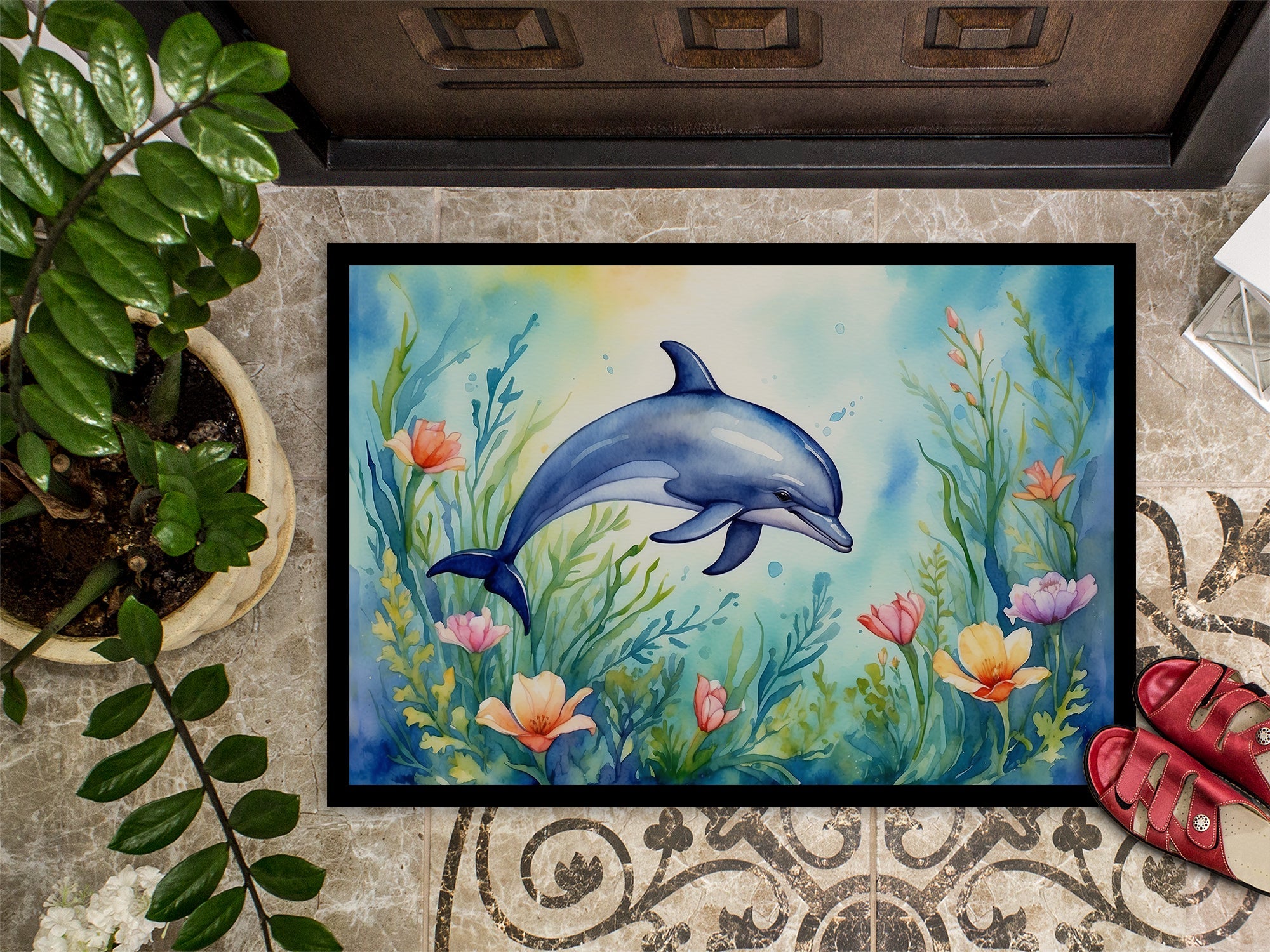 Spring Dolphin Doormat Indoor Outdoor 24H X 36W Front Door Mat Rugs for Entryway, Non Slip Washable Low Pile,