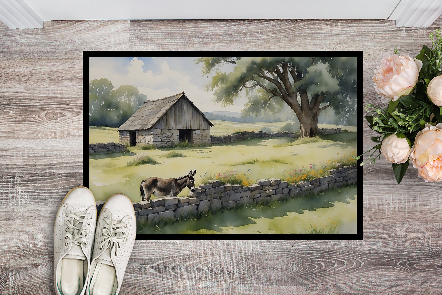 Donkey by the Stone Wall Doormat Indoor Outdoor 24H X 36W Front Door Mat Rugs for Entryway, Non Slip Washable Low Pile,