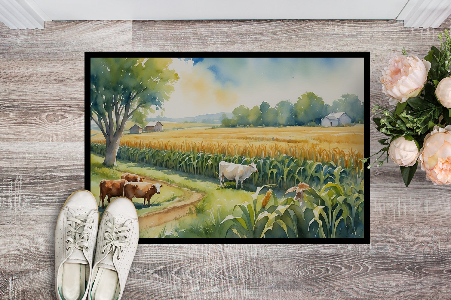 Cows by the Cornfield Doormat Indoor Outdoor 24H X 36W Front Door Mat Rugs for Entryway, Non Slip Washable Low Pile,