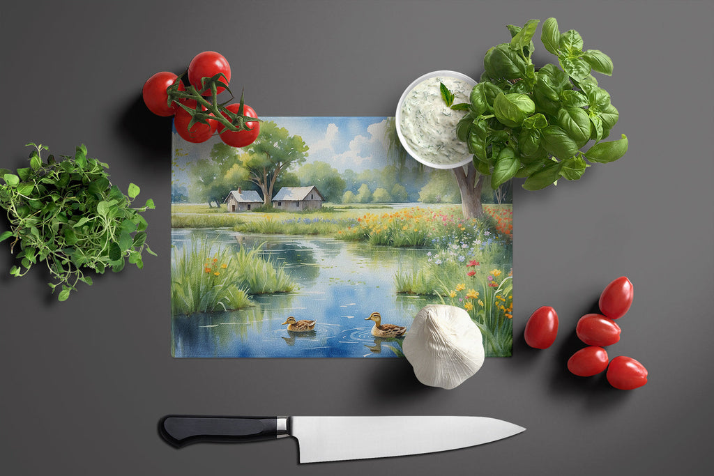 Mother Duck Cutting Board Tempered Glass Kitchen Cutting Surface, Heat Resistant Chopping, Non-Slip Feet, Food Prep & Serving