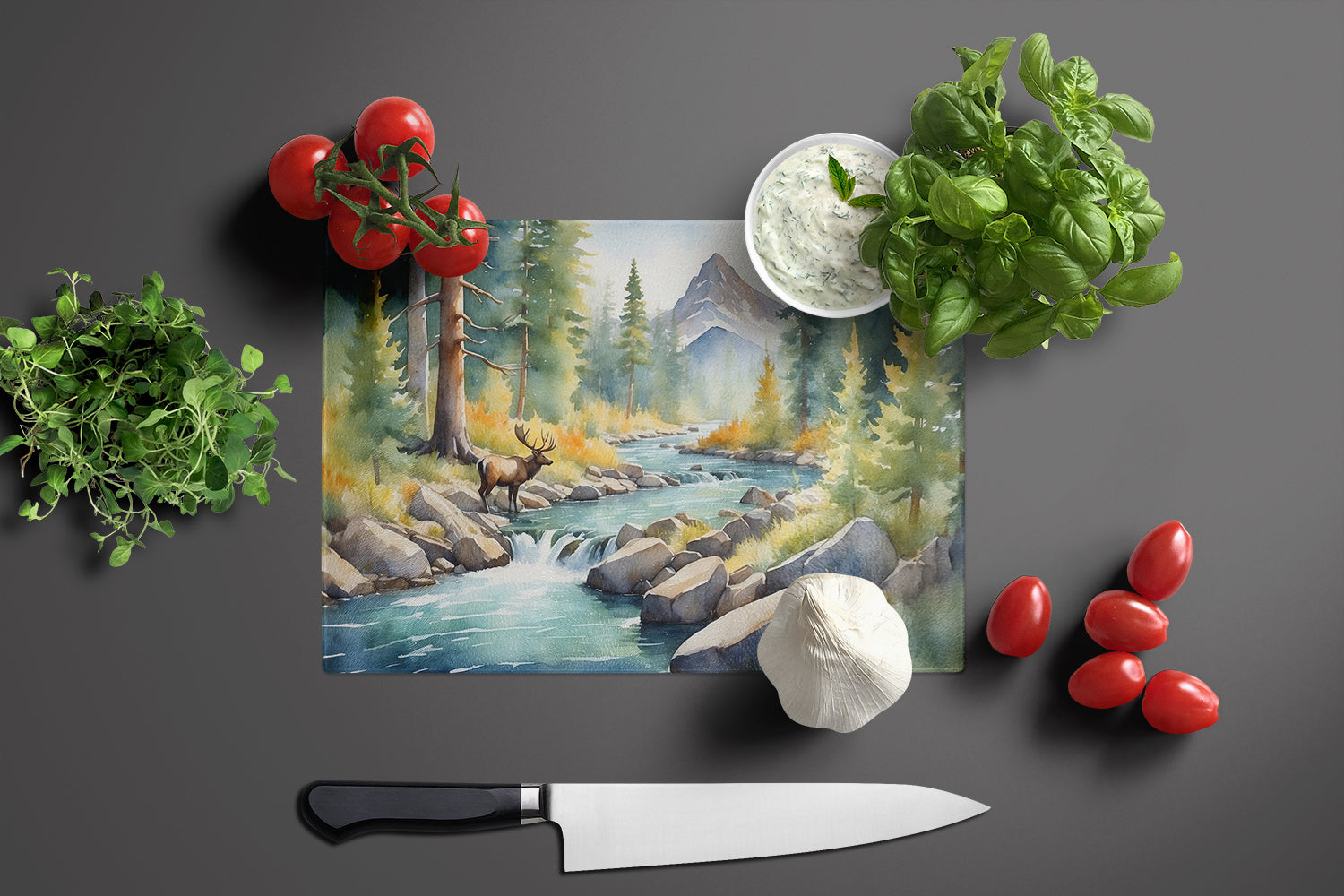 Mountain Stream Cutting Board Tempered Glass Kitchen Cutting Surface, Heat Resistant Chopping, Non-Slip Feet, Food Prep & Serving