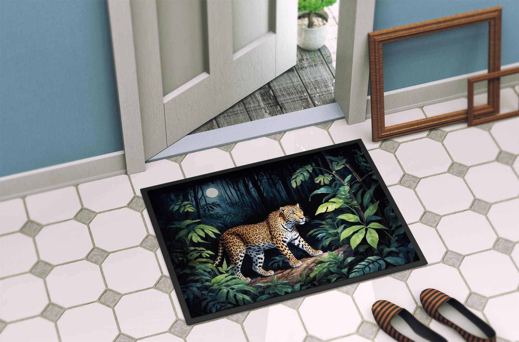Leopard Nighttime in the Jungle Doormat Indoor Outdoor 18H X 27W Front Door Mat Rugs for Entryway, Non Slip Washable