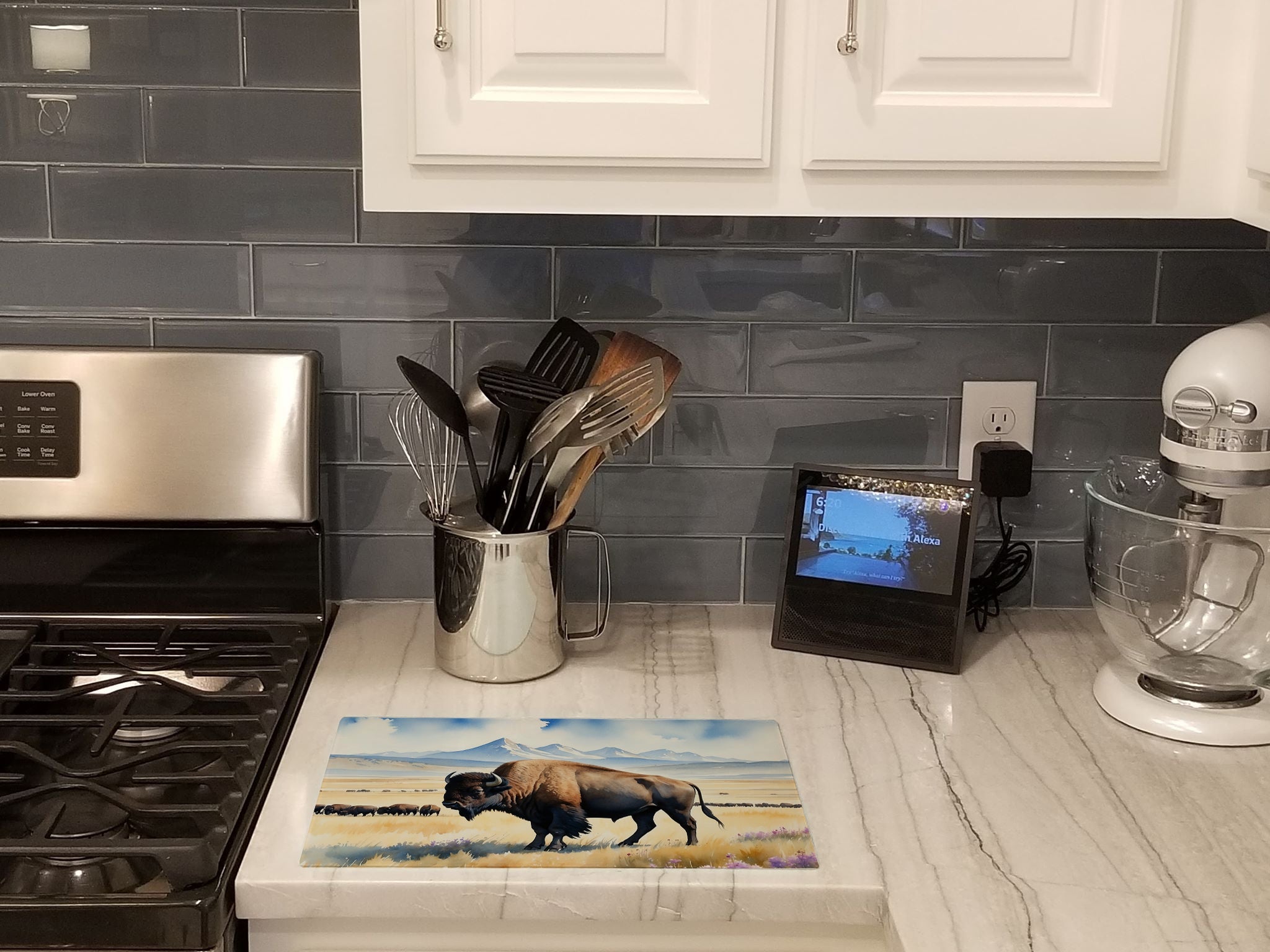 Prairie Bison Cutting Board Tempered Glass Kitchen Cutting Surface, Heat Resistant Chopping, Non-Slip Feet, Food Prep & Serving