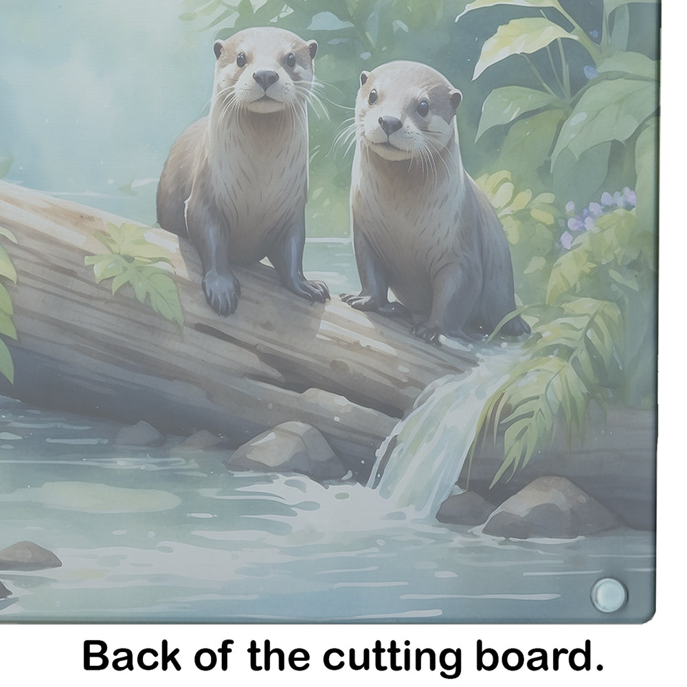River Otters at Play Cutting Board Tempered Glass Kitchen Cutting Surface, Heat Resistant Chopping, Non-Slip Feet, Food Prep & Serving