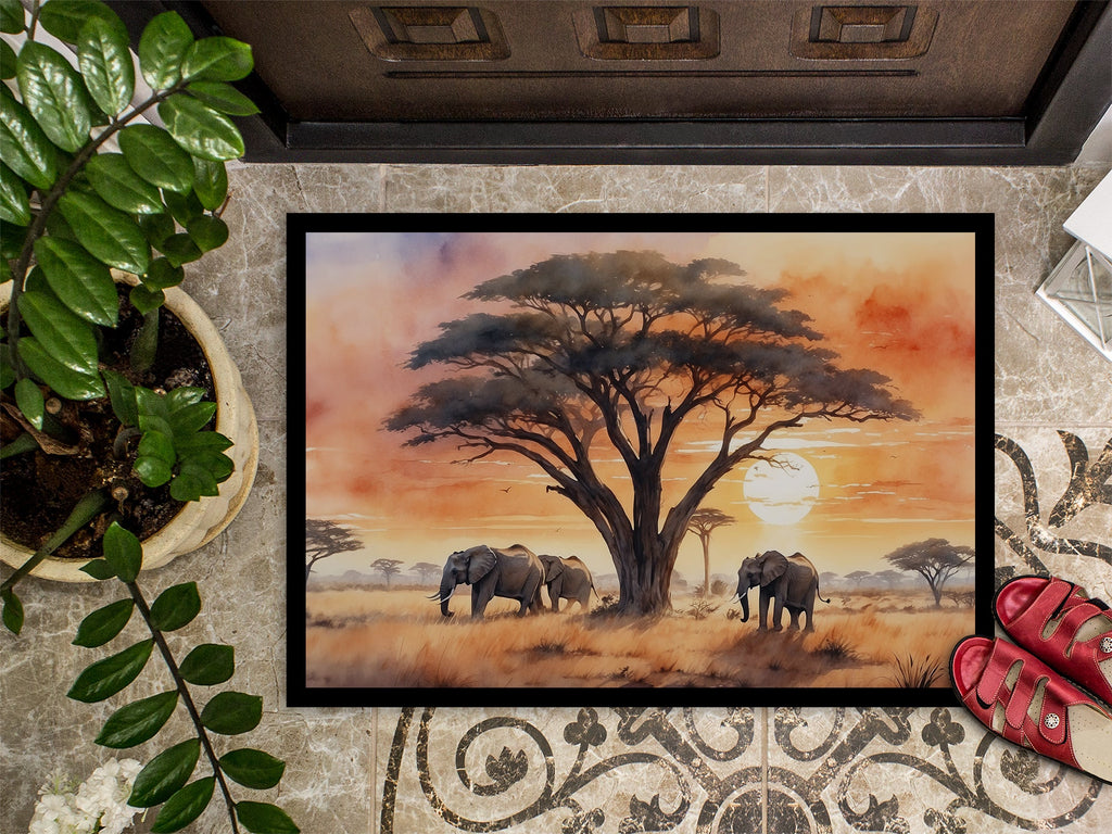 Elephants Savanna Sunrise Doormat Indoor Outdoor 24H X 36W Front Door Mat Rugs for Entryway, Non Slip Washable Low Pile,