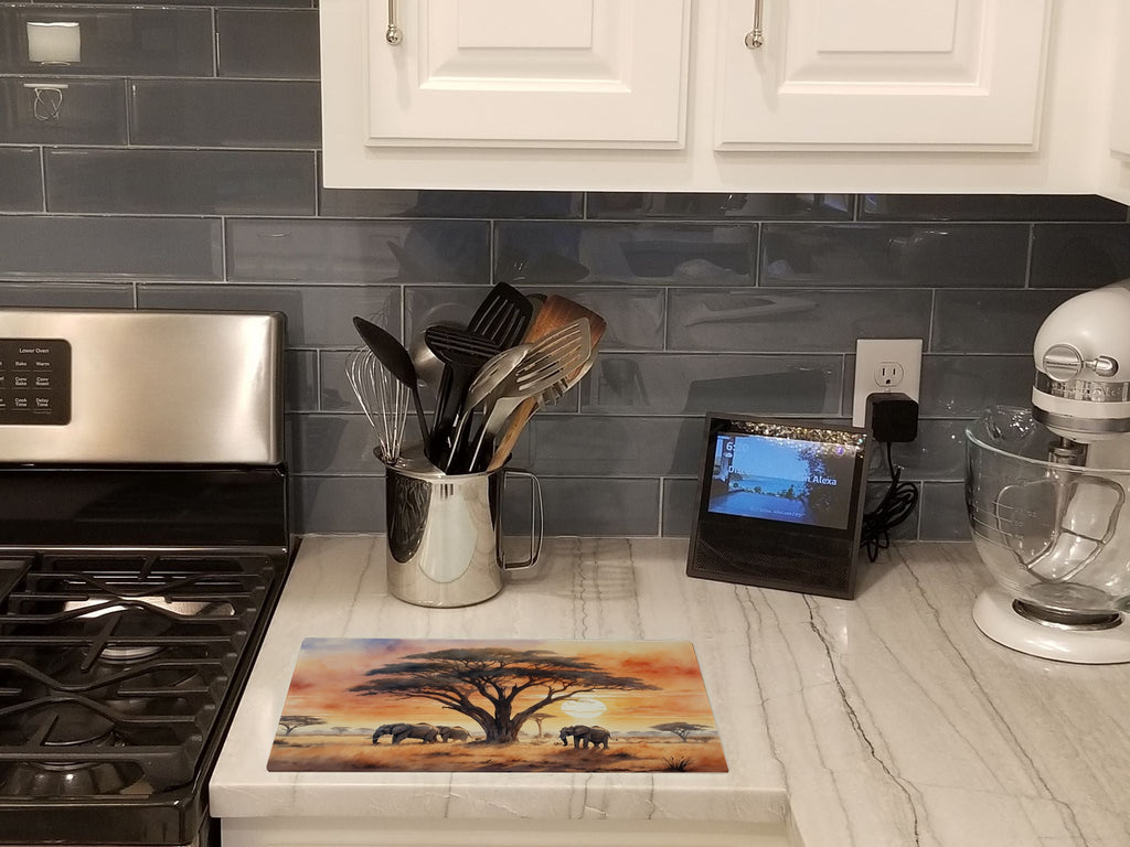 Elephants Savanna Sunrise Cutting Board Tempered Glass Kitchen Cutting Surface, Heat Resistant Chopping, Non-Slip Feet, Food Prep & Serving