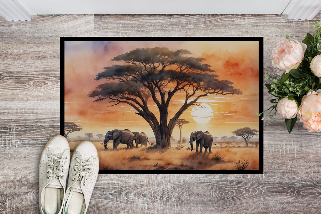 Elephants Savanna Sunrise Doormat Indoor Outdoor 18H X 27W Front Door Mat Rugs for Entryway, Non Slip Washable