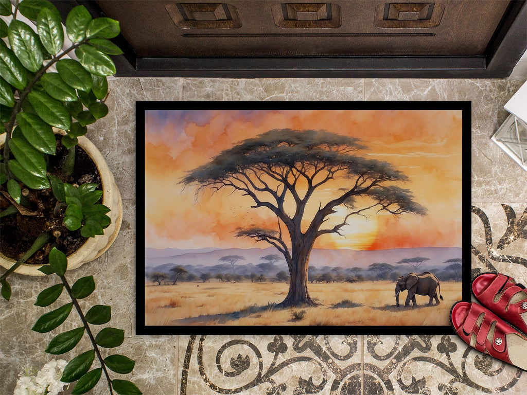 Elephants Savanna Sunrise Doormat Indoor Outdoor 24H X 36W Front Door Mat Rugs for Entryway, Non Slip Washable Low Pile,
