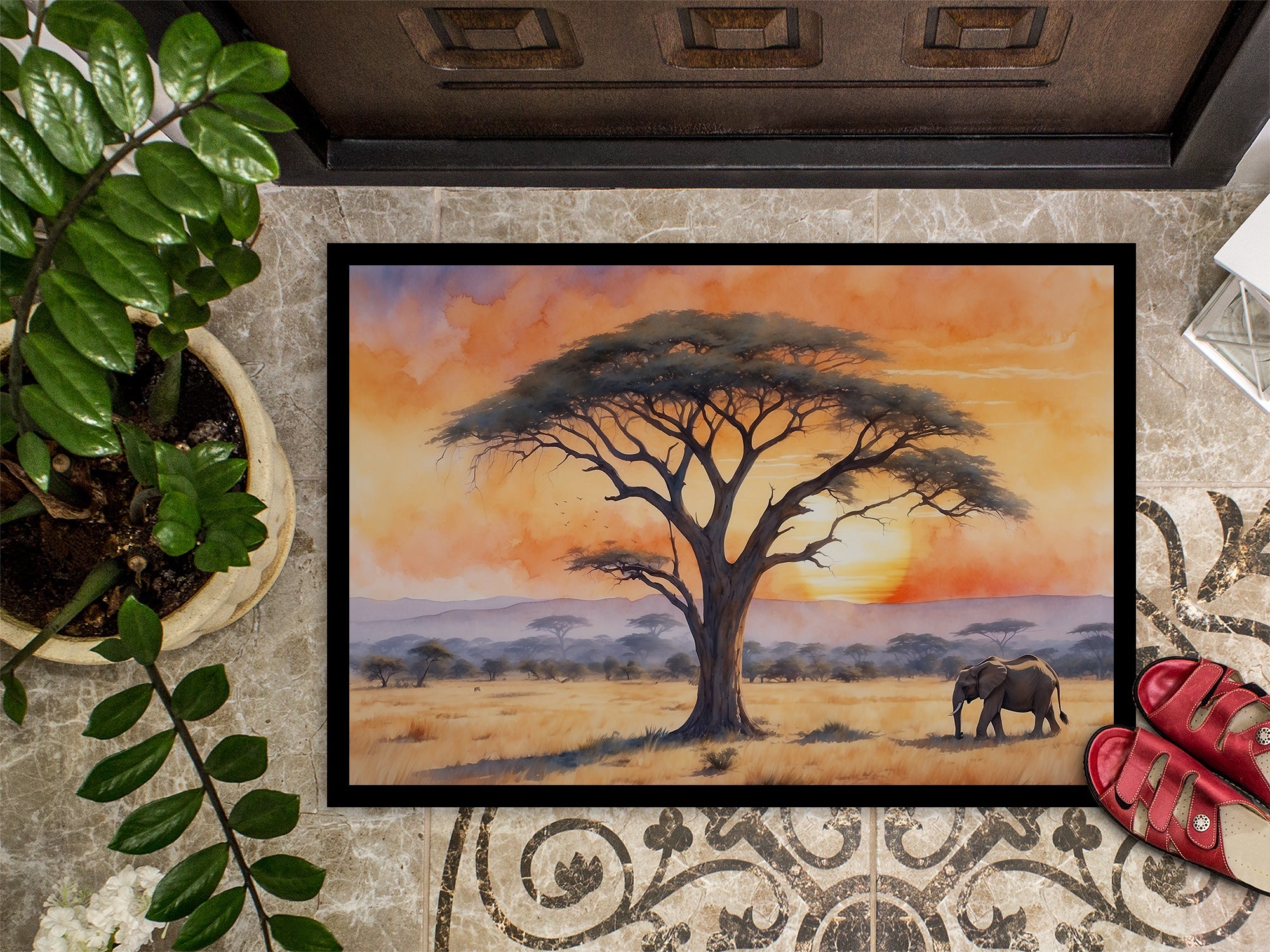 Elephants Savanna Sunrise Doormat Indoor Outdoor 24H X 36W Front Door Mat Rugs for Entryway, Non Slip Washable Low Pile,