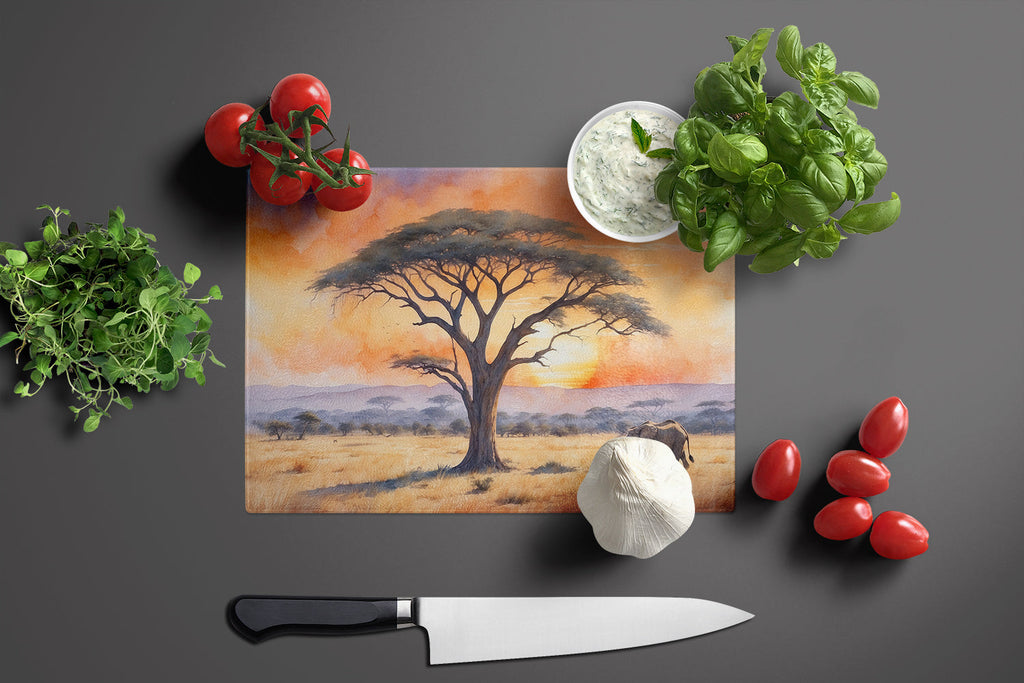 Elephants Savanna Sunrise Cutting Board Tempered Glass Kitchen Cutting Surface, Heat Resistant Chopping, Non-Slip Feet, Food Prep & Serving
