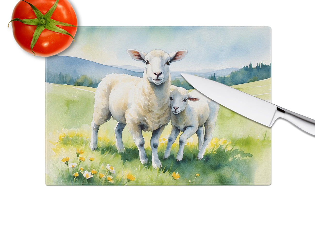 Springtime Lambs Cutting Board Tempered Glass Kitchen Cutting Surface, Heat Resistant Chopping, Non-Slip Feet, Food Prep & Serving