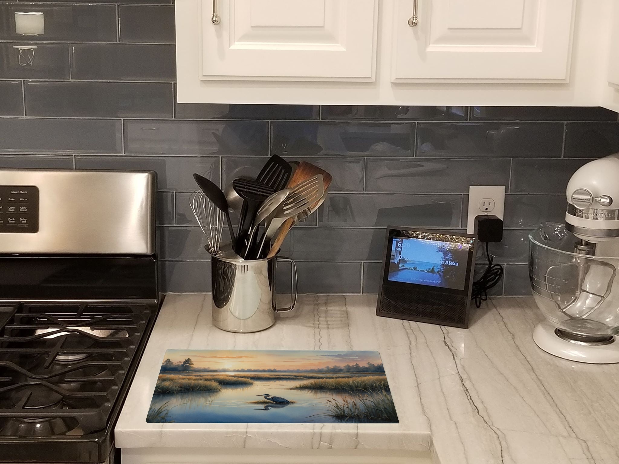 Wetland Wonders Blue Heron Cutting Board Tempered Glass Kitchen Cutting Surface, Heat Resistant Chopping, Non-Slip Feet, Food Prep & Serving