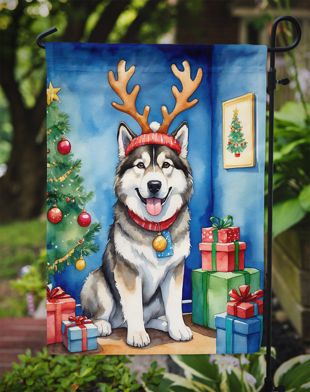 Alaskan Malamute Christmas Reindeer Garden Flag Mailbox Decorative Yard Banner Outside Patio Artwork for Flower Beds, Garden Size, Multicolor