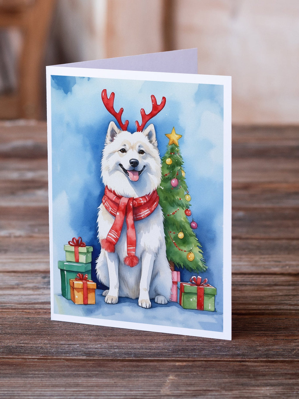 American Eskimo Christmas Reindeer Greeting Cards Pack of 8 Blank Cards with Envelopes Whimsical A7 Size 5x7