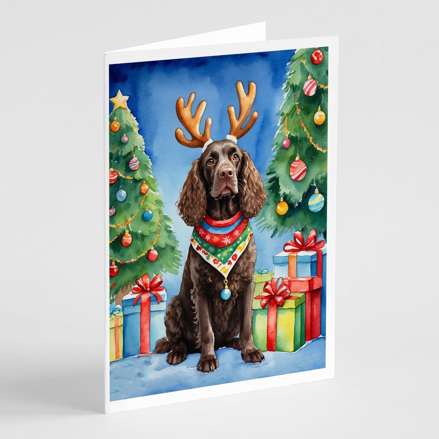 American Water Spaniel Christmas Reindeer Greeting Cards Pack of 8 Blank Cards with Envelopes Whimsical A7 Size 5x7