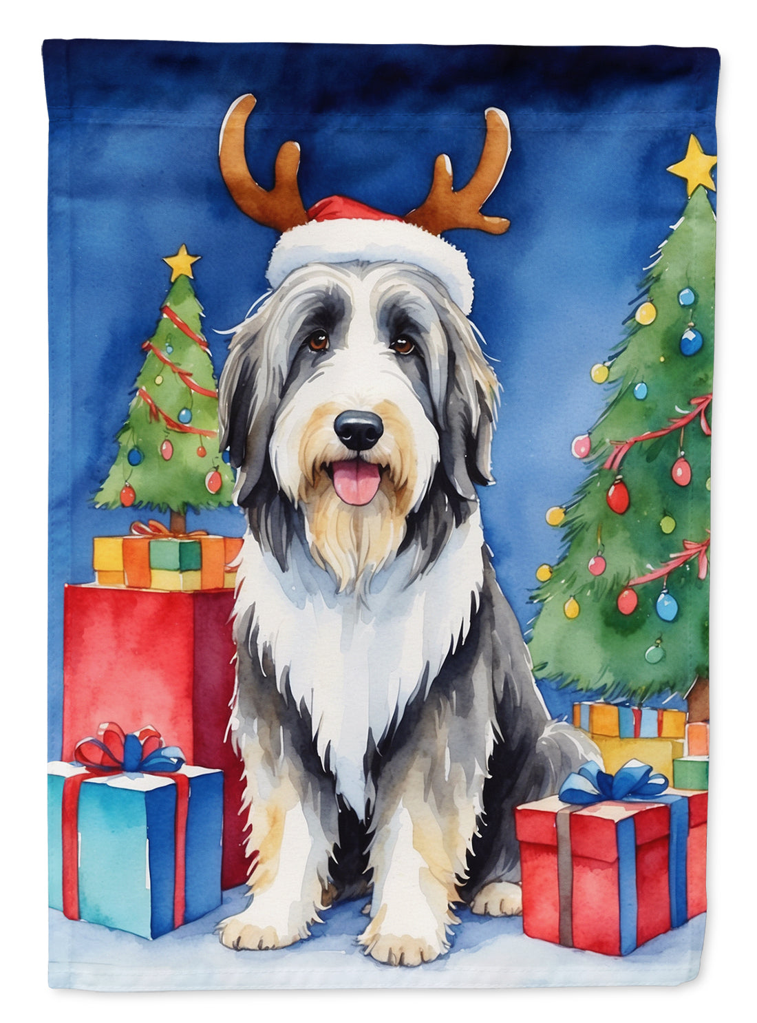 Bearded Collie Christmas Reindeer House Flag 28x40 Porch Sleeve Pole Decorative Outside Yard Banner Artwork Wall Hanging, Polyester